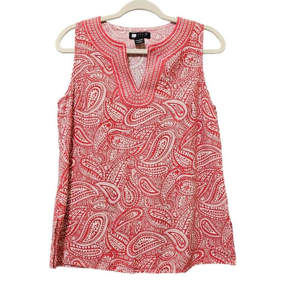 Carole‎ Little Tank Top Womens Size Large Linen Blend Red White Paisley V-Neck - Picture 1 of 16